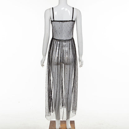 Norvielle Damen Maxi-Kleid Netz Ärmellos Transparent