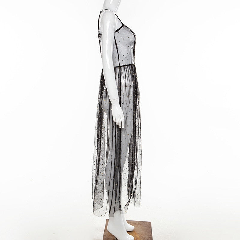 Norvielle Damen Maxi-Kleid Netz Ärmellos Transparent