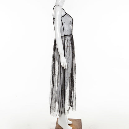 Norvielle Damen Maxi-Kleid Netz Ärmellos Transparent