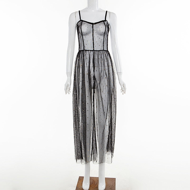Norvielle Damen Maxi-Kleid Netz Ärmellos Transparent