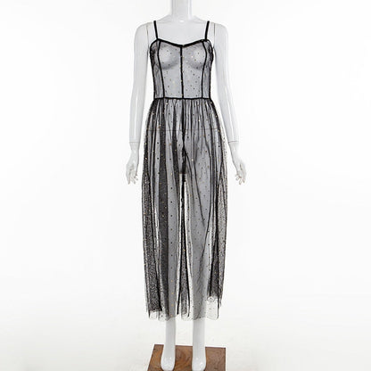 Norvielle Damen Maxi-Kleid Netz Ärmellos Transparent