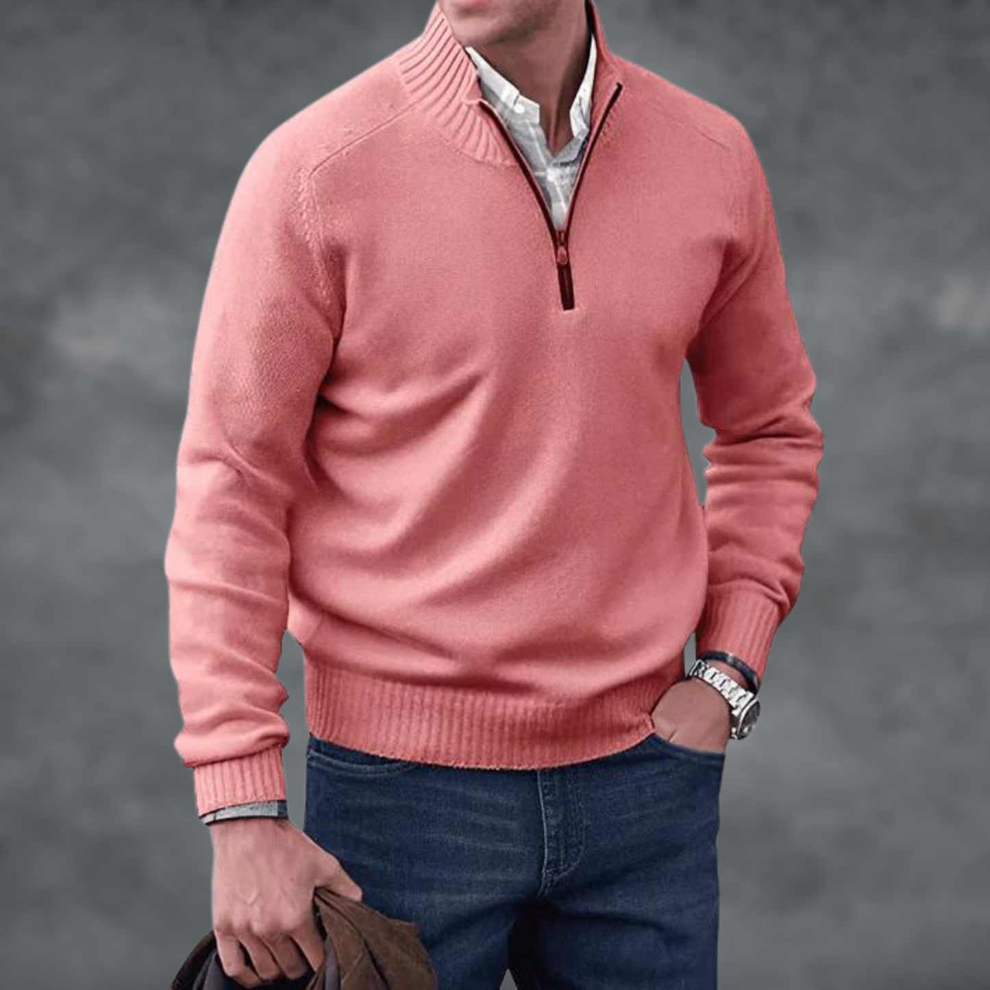Halb-Reißverschluss Pullover - Kaschmir - Stehkragen - Steckbrücke - Strickpullover-Rosa-S-Chaps Herrenmode