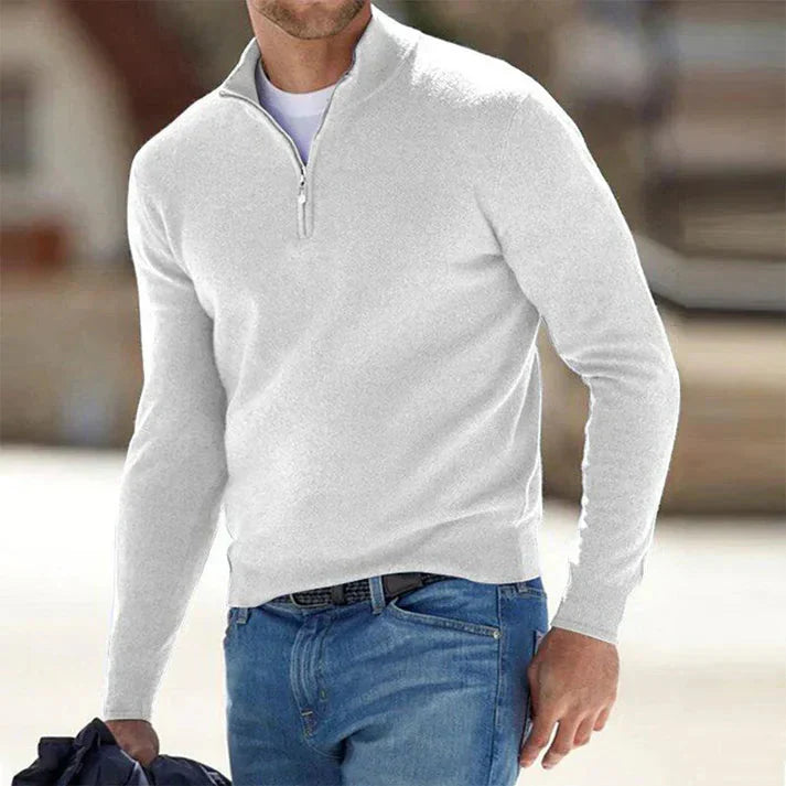 Halber Reißverschluss-Pullover | Gestrickt | Langarm | Pullover-Pullover | Herren Pullover mit viertel Reißverschluss-Weiß-S-Chaps Herrenmode