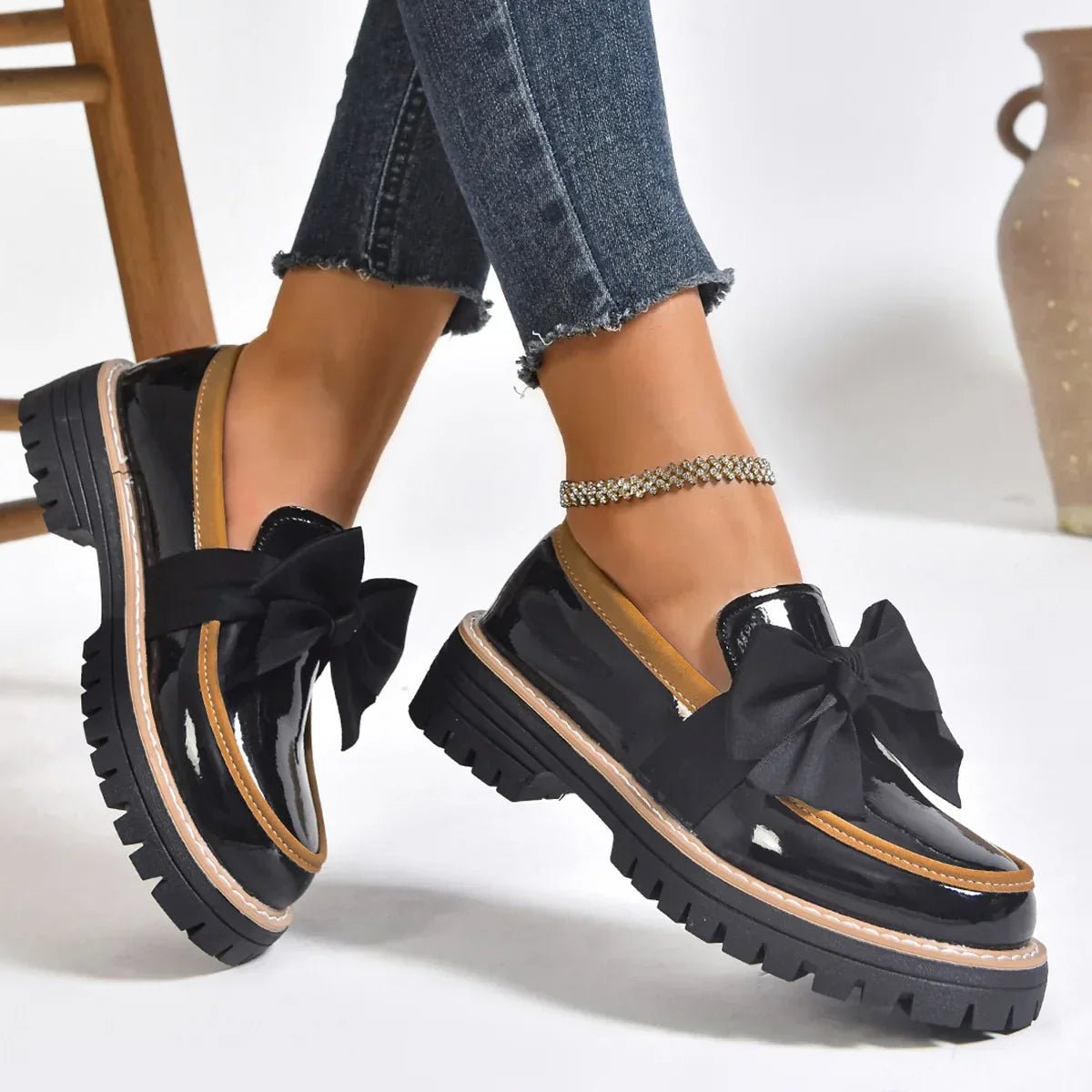 Damen Loafer Schleifendetail Elegantes Leder