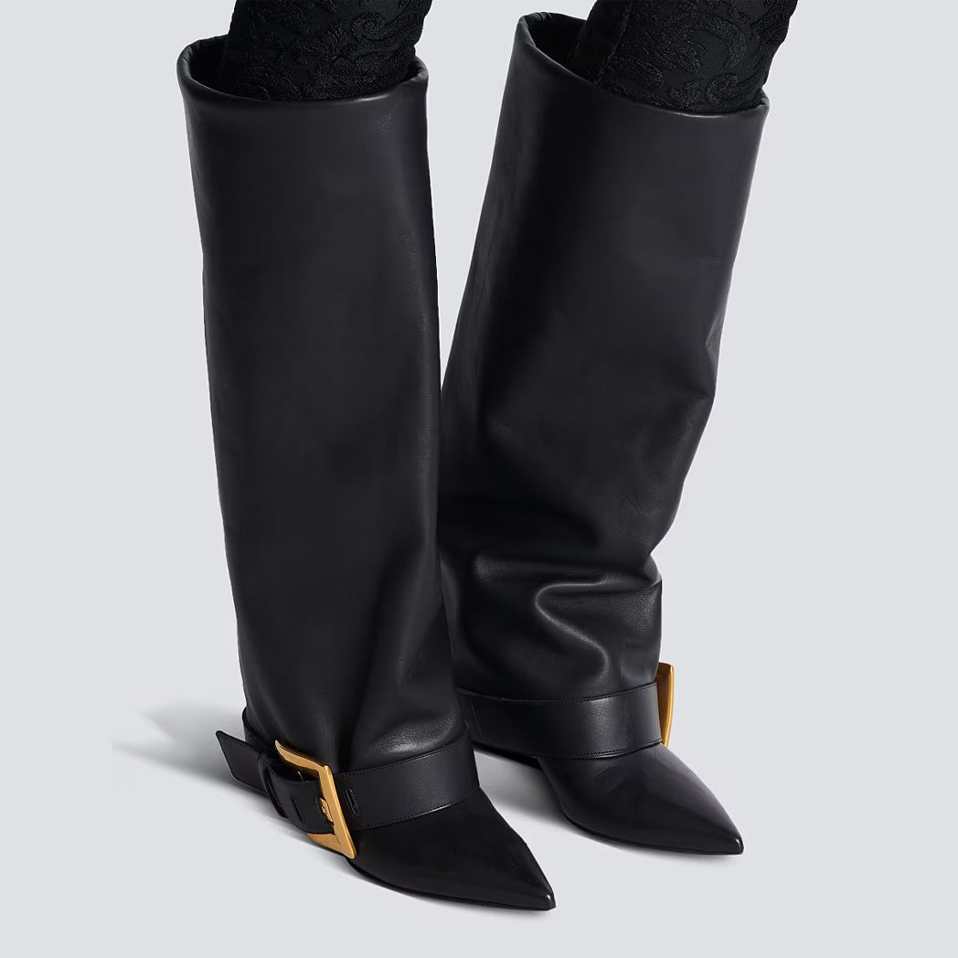 Velmira Damen Stiefel Goldschnalle Hochhackig Schwarz - Norvielle