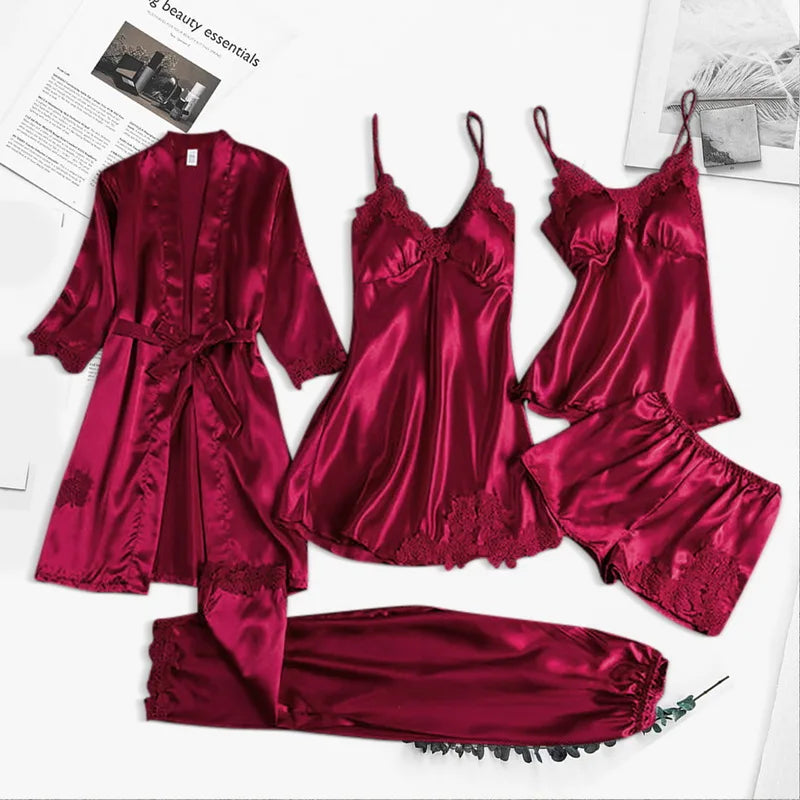 Norvielle Damen Seiden-Schlafbademantel-Set 5-teilig - Norvielle