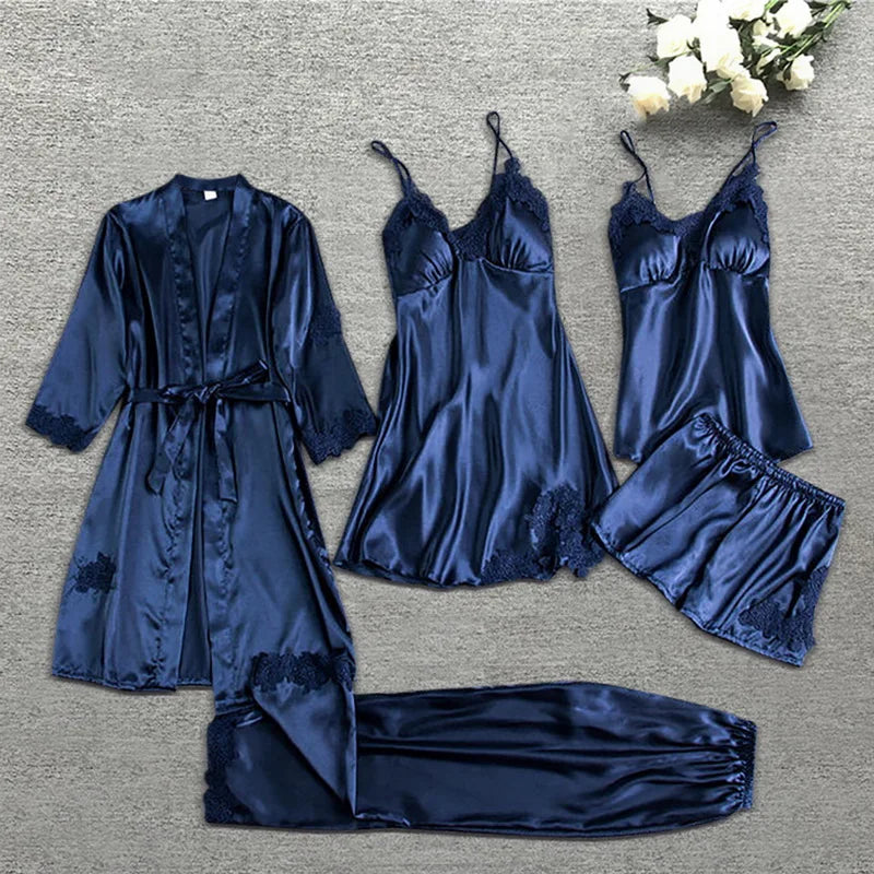 Norvielle Damen Seiden-Schlafbademantel-Set 5-teilig