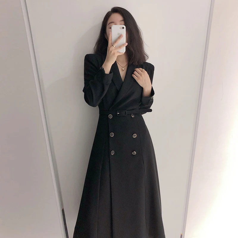 Damen Trenchcoat Doppelreihig Lang mit Gürtel Schwarz - Norvielle