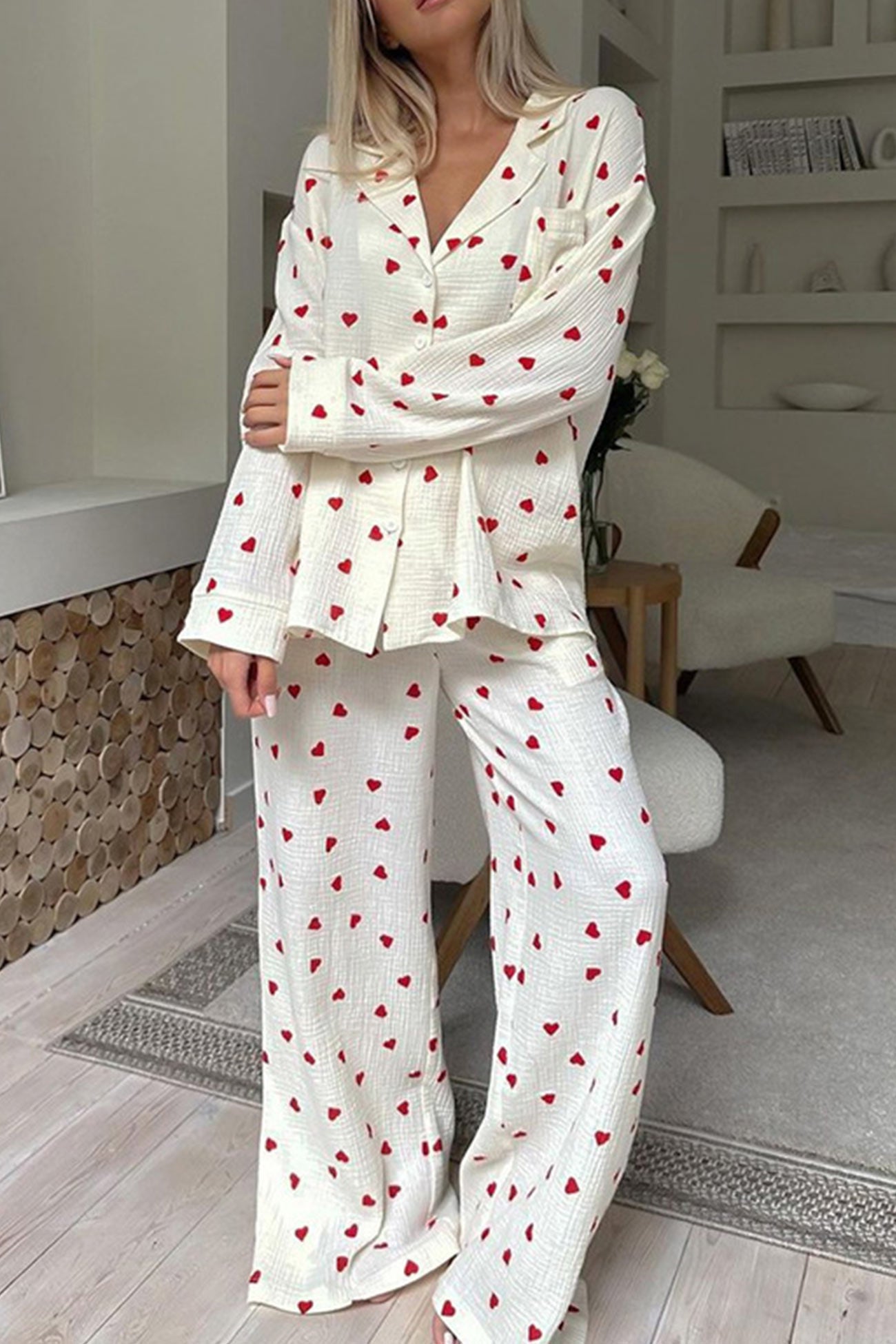 Damen Schlafanzug-Set Weich Herzmuster Rosa
