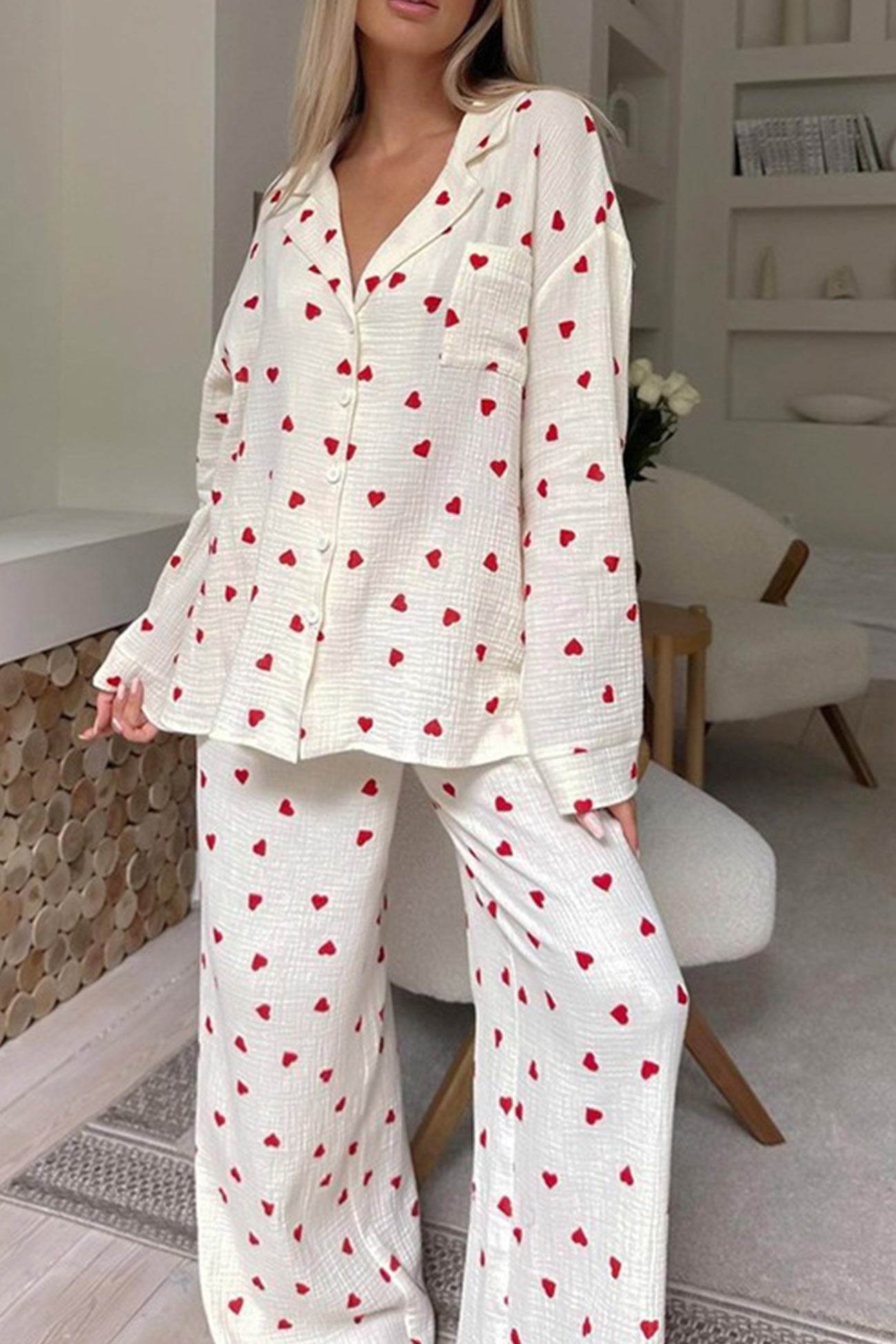 Damen Schlafanzug-Set Weich Herzmuster Rosa