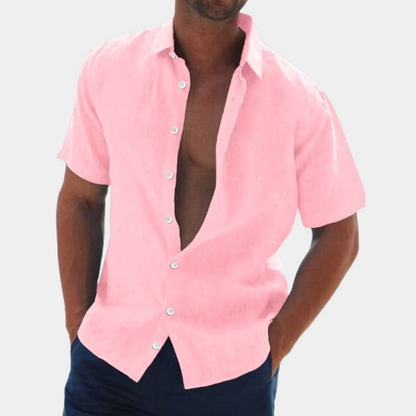 Hemd mit kurzen Ärmeln - Leinenhemd mit Kragen und Knopfleiste für Männer-Rosa-S-Chaps Herrenmode