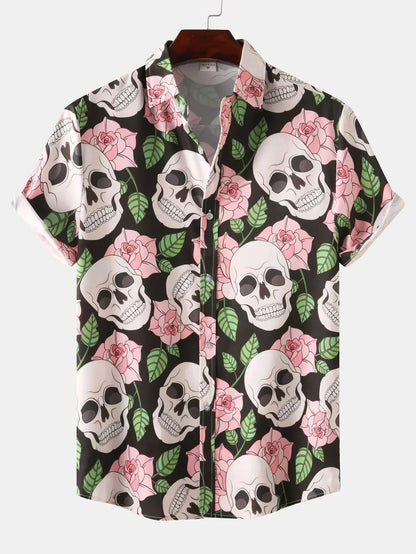 Hemd mit kurzen Ärmeln - Totenkopfdruck - mit Kragen - Hemd mit Knopfleiste - Herrenbekleidung-Rosa-M-Chaps Herrenmode