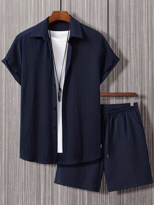 Herren Kurzarm Hemd Shorts Set Knöpfe Zweiteilig - Norvielle