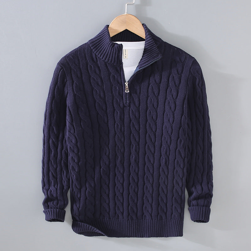 Herren Half Zip Sweater | Kabel Strick | Quarter Zip | Half Zip Pullover | Herren Strickpullover-Dunkelblau-S-Chaps Herrenmode