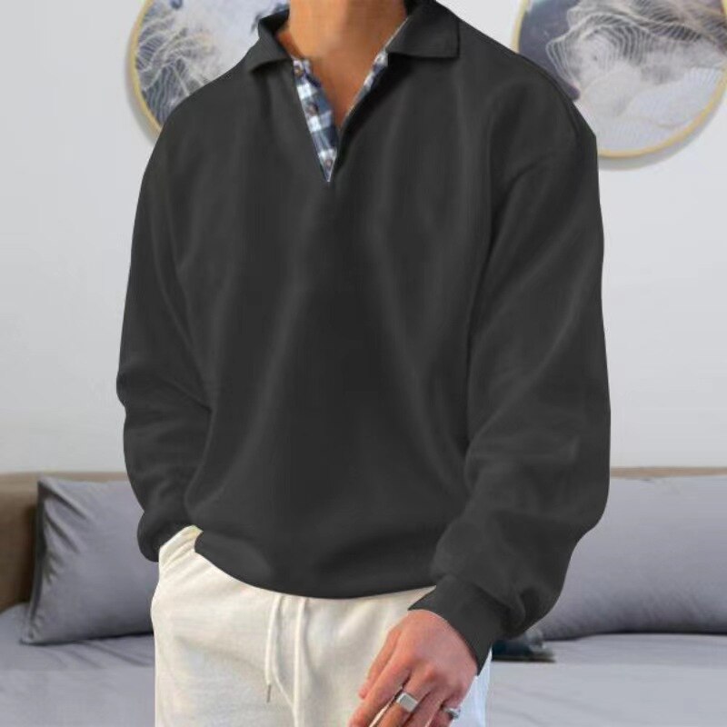 Herren-Pullover | Knopfleiste am Halsausschnitt | Lockere Passform | Sweatshirt mit Kragen | Polo-Pullover-Schwarz-M-Chaps Herrenmode