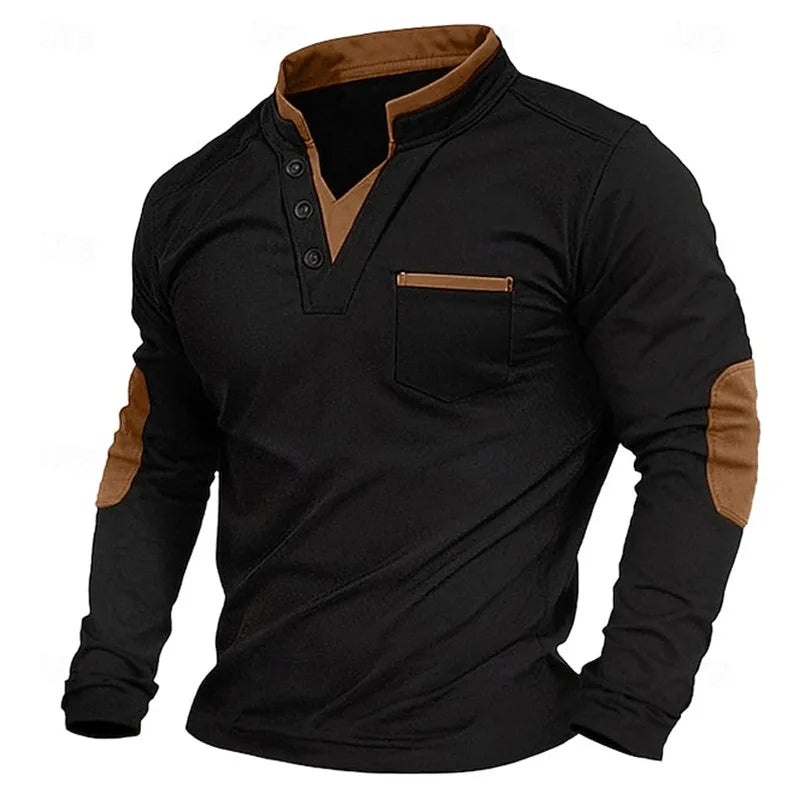 Herren Pullover V-Ausschnitt Sweatshirt mit Knöpfen Schwarz - Norvielle