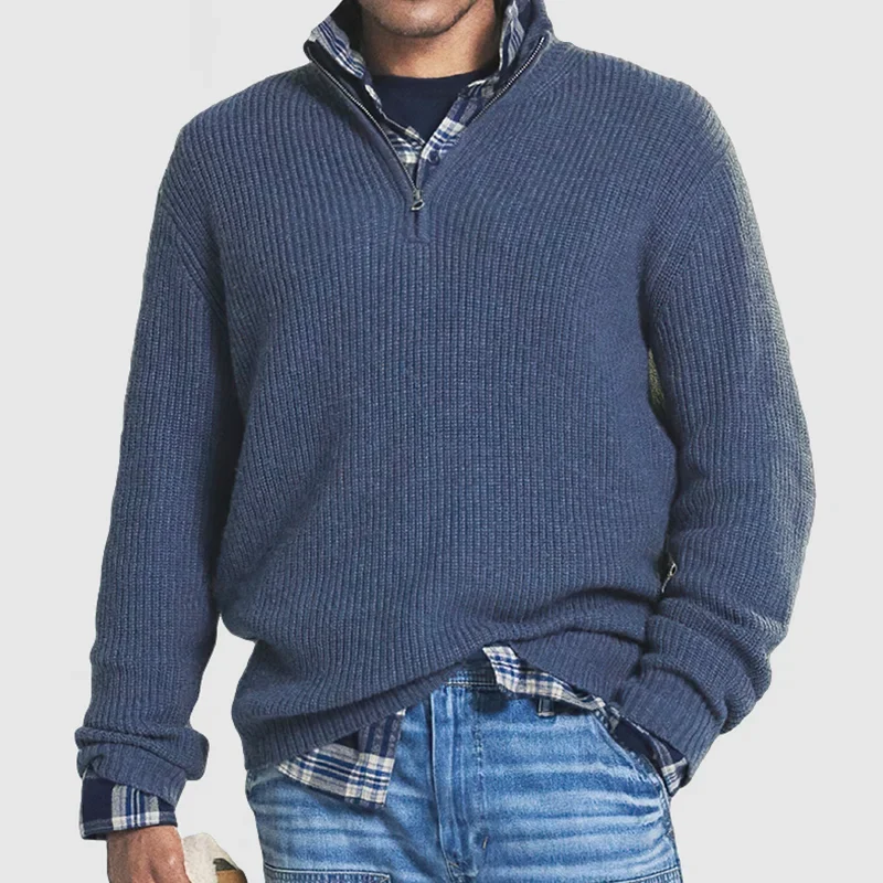 Herren-Pullover mit Viertelreißverschluss – Rippstrick – Pullover – Polo-Pullover – Strickpullover-Blau-S-Chaps Herrenmode