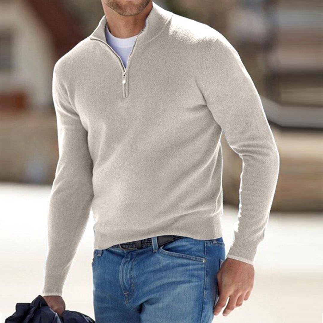 Herren Quarter Zip Pullover - Gestrickt - Pullover - Polo Pullover - Herren Half Zip Pullover-Beige-S-Chaps Herrenmode