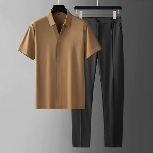 Herren Set Zweiteilig T-Shirt Lockere Hose Baumwolle Beige - Norvielle