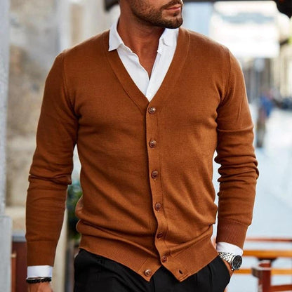 Herren-Strickjacke – V-Ausschnitt – zum Knöpfen – Strickjacke – Cardigan-Pullover-Dunkelbraun-S-Chaps Herrenmode