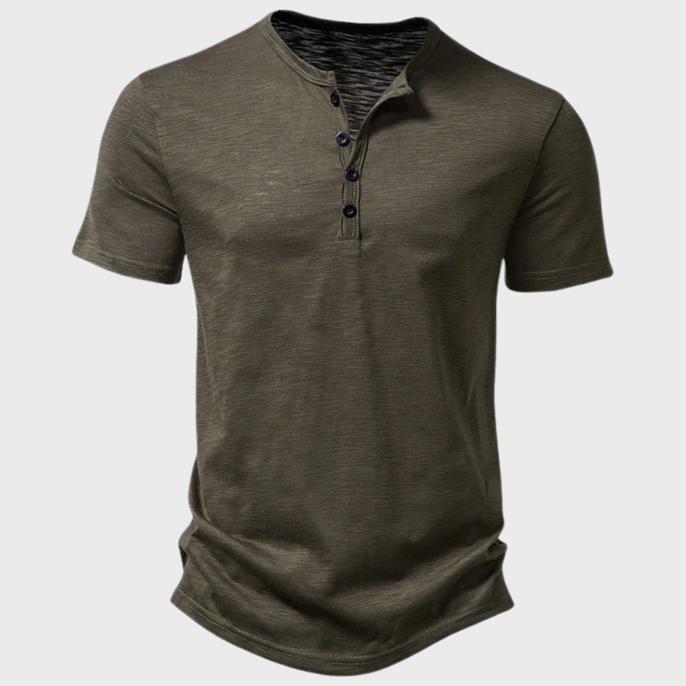 Herren T-Shirt | Leichtgewicht | Viertelknopf | Schlichtes T-Shirt | Freizeithemd-Armeegrün-S-Chaps Herrenmode
