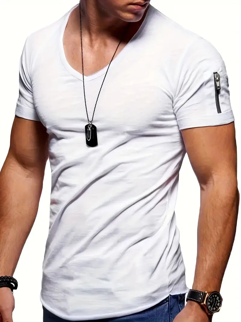 Herren-T-Shirt | Schmaler Schnitt | Einfarbig | T-Shirt mit V-Ausschnitt | Herrenbekleidung-Weiß-S-Chaps Herrenmode