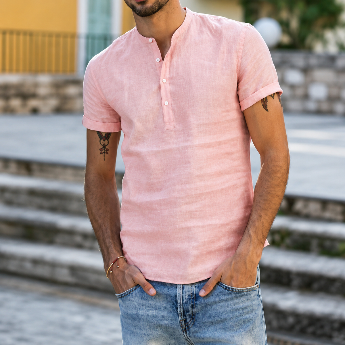Herren Kurzarmhemd Leinenoptik Stehkragen