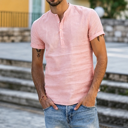 Herren Kurzarmhemd Leinenoptik Stehkragen