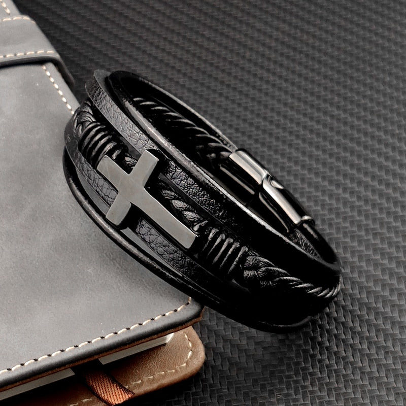 Herren Lederarmband Schwarz Geflochten Magnetverschluss - Norvielle
