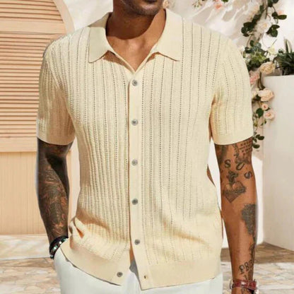 Herrenhemd - Gestrickt - Kurzarm - Sweater T-Shirt - Button-Up Shirt-Gelb-S-Chaps Herrenmode