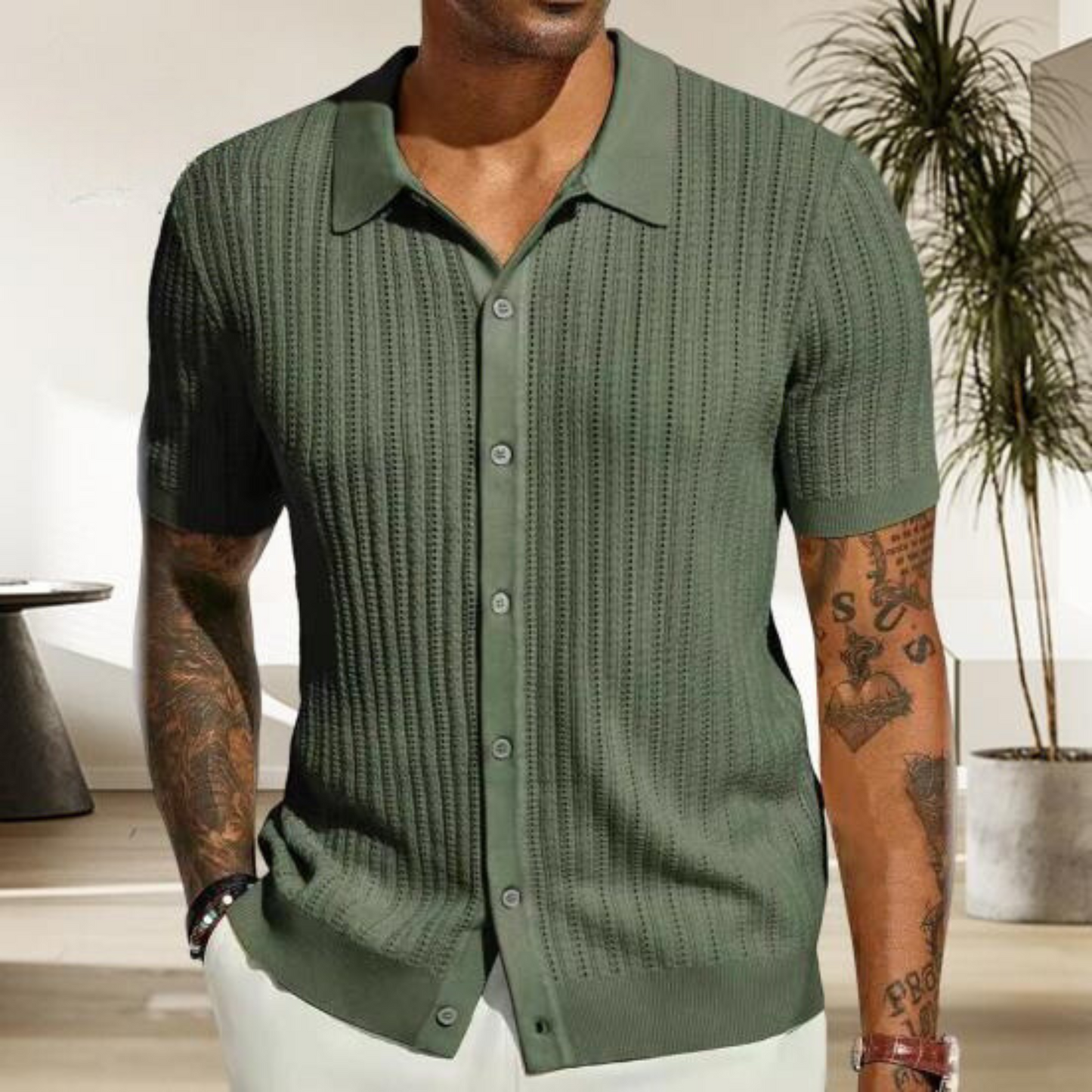 Herrenhemd - Gestrickt - Kurzarm - Sweater T-Shirt - Button-Up Shirt-Grün-S-Chaps Herrenmode