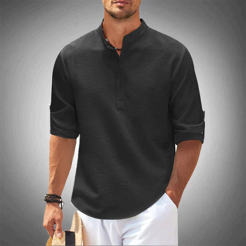 Herrenhemd – mit Knöpfen – leicht – langärmlig – Polohemd-Schwarz-S-Chaps Herrenmode