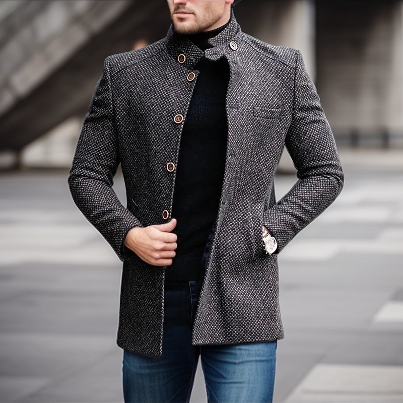 Herren Jacke Knöpfe Mittellang Herbst Winter Schwarz - Norvielle