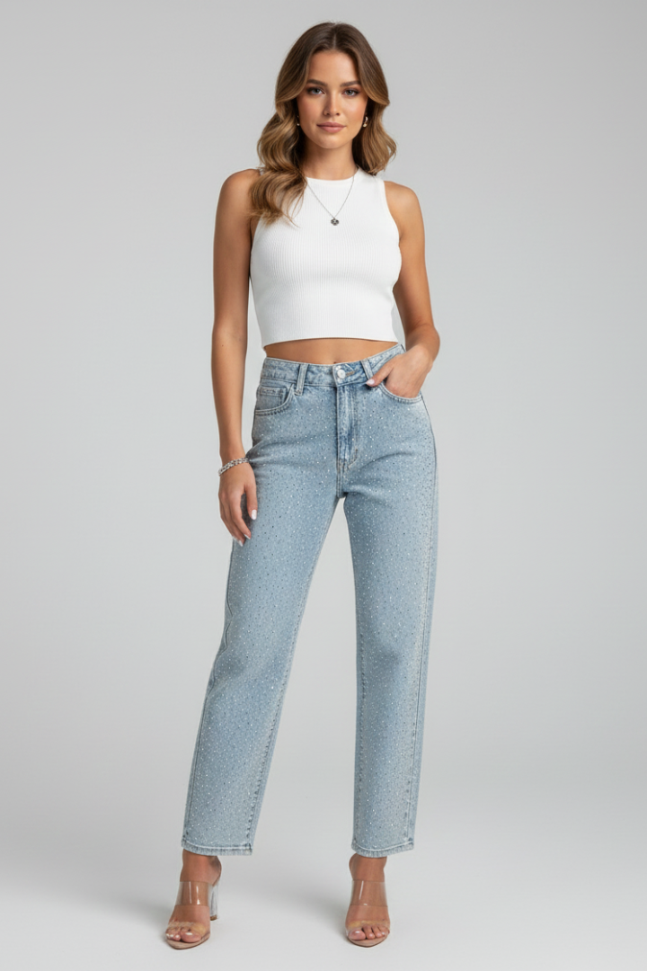 Damen High-Waist Glitzer Straight-Leg Jeans