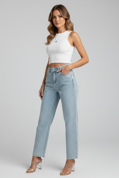 Damen High-Waist Glanz-Straight-Leg Jeans