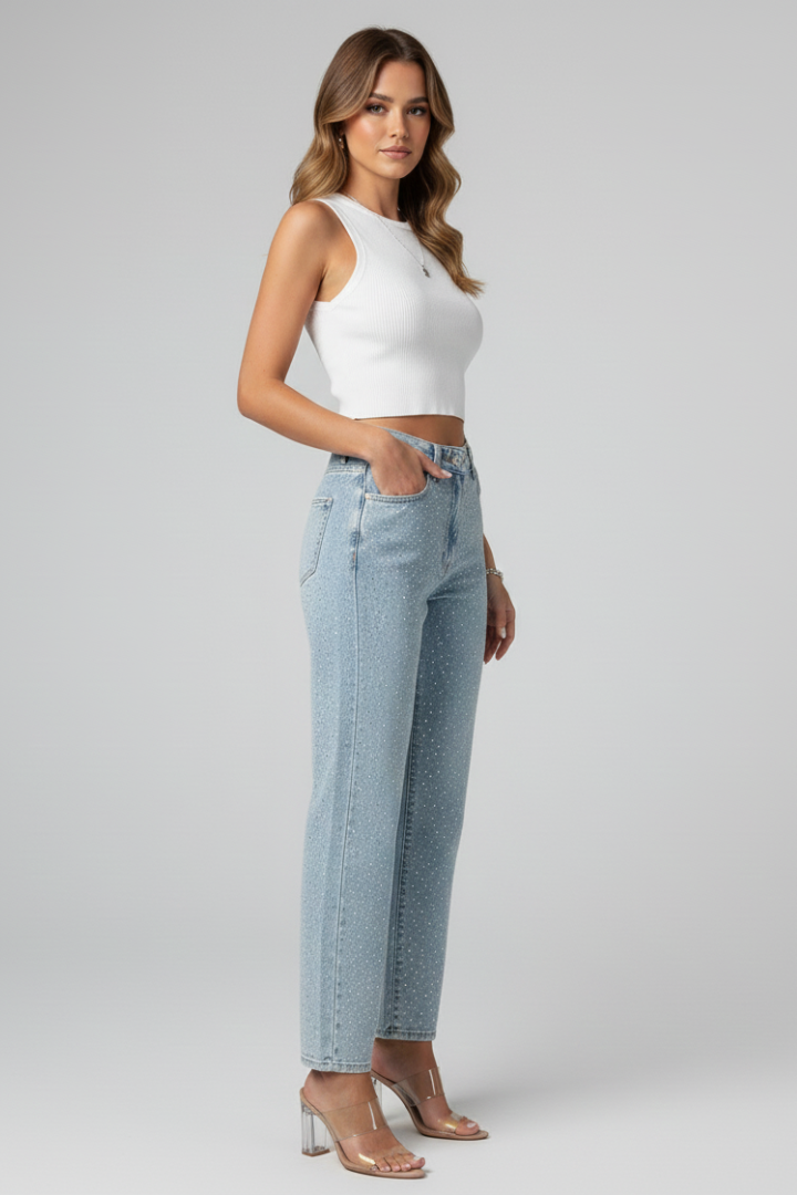 Damen High-Waist Glanz-Straight-Leg Jeans