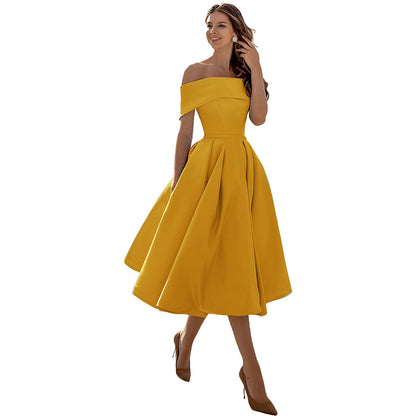 Himmelblaues Satin Off-Shoulder Kleid von Elarova