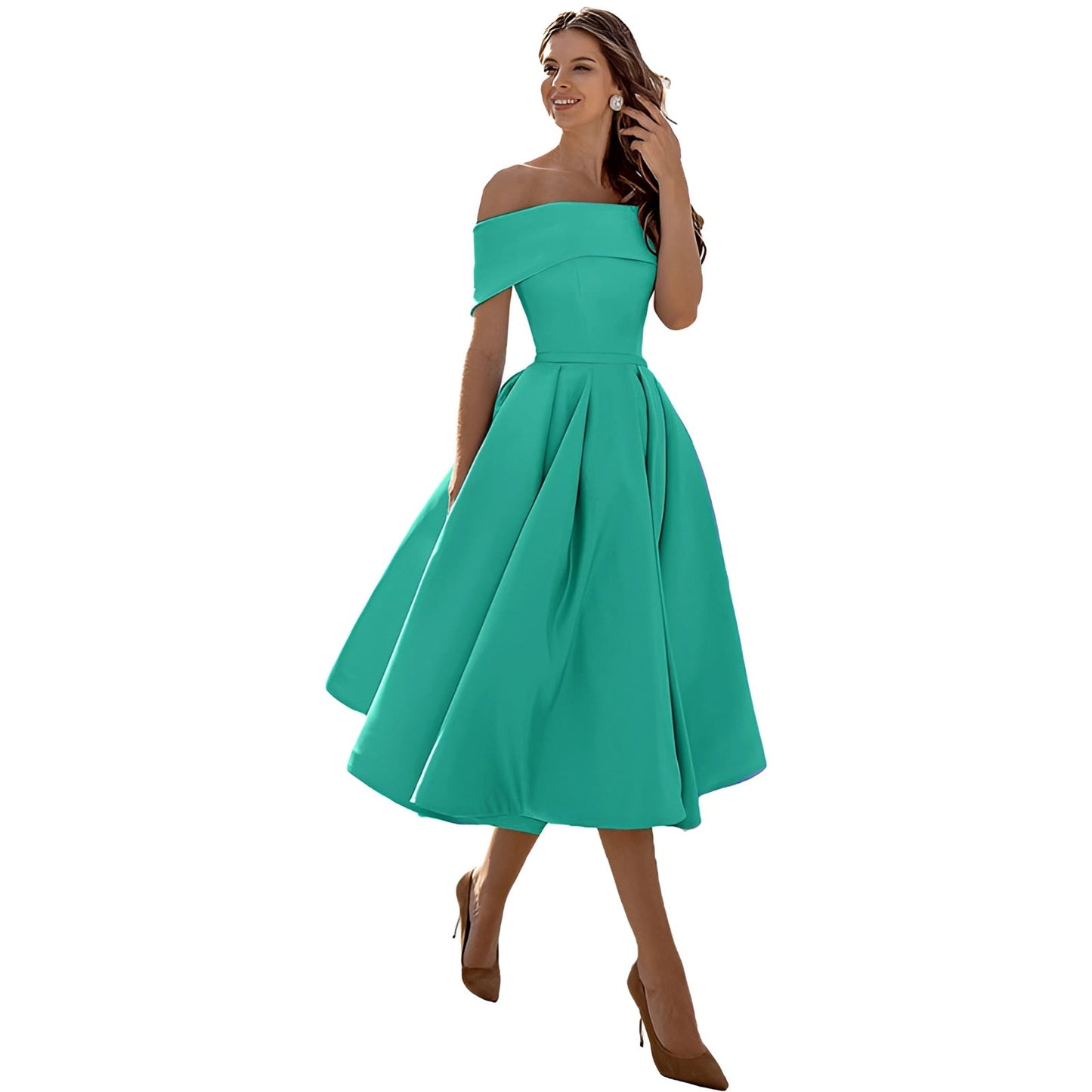 Himmelblaues Satin Off-Shoulder Kleid von Elarova