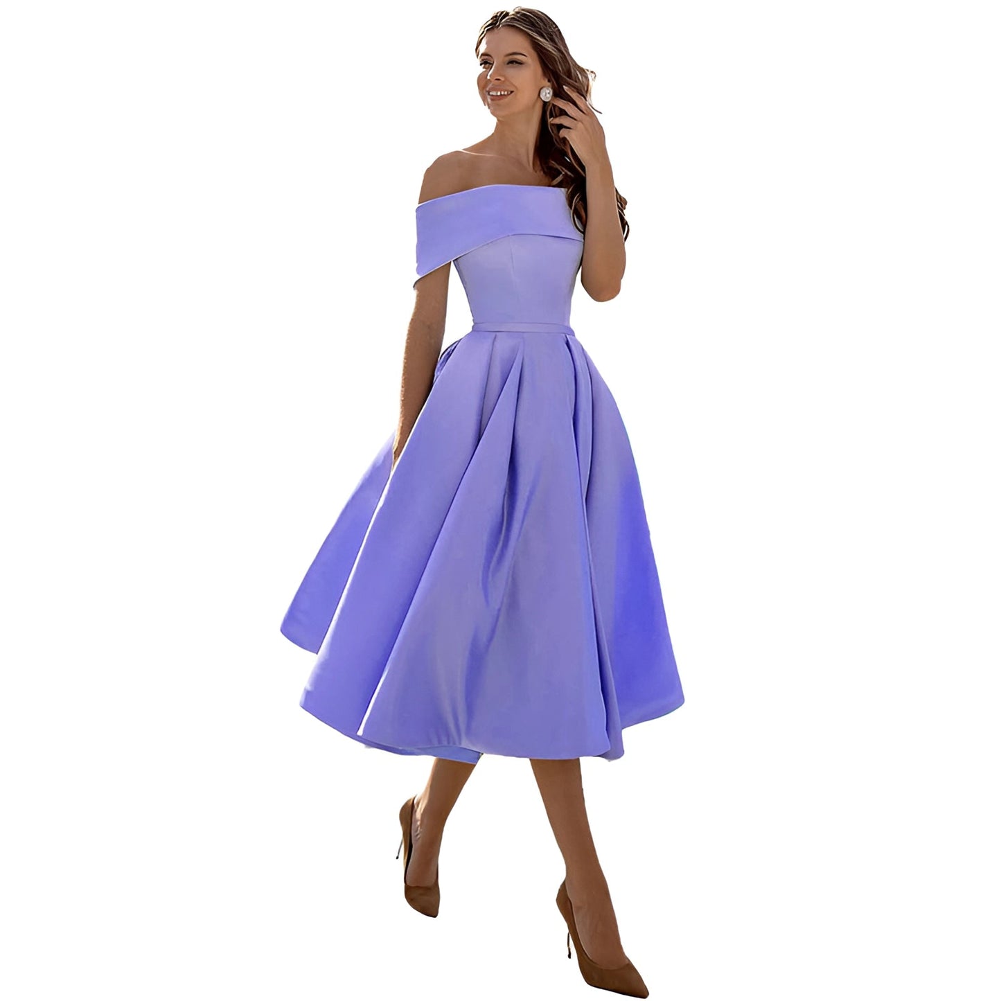 Himmelblaues Satin Off-Shoulder Kleid von Elarova