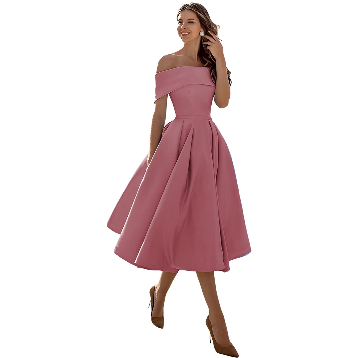 Norvielle Damen Off-Shoulder Kleid Satin Himmelblau - Norvielle