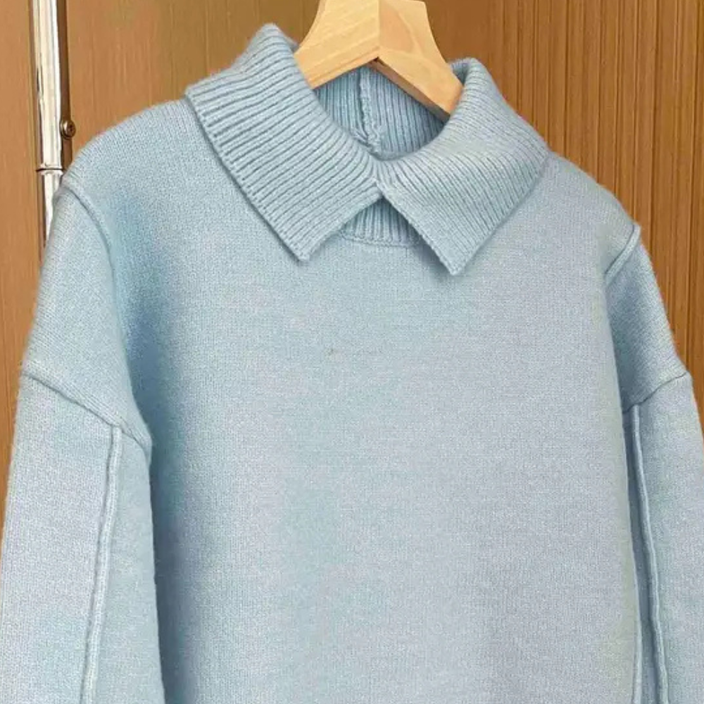 Damen Strickpullover Aprikose Himmelblau Weiß