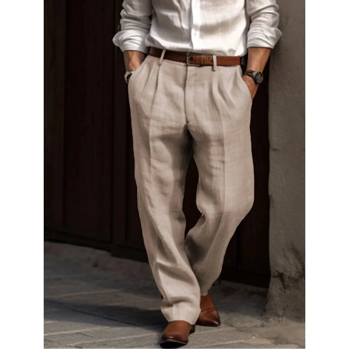Herren Leinenhosen Lockere Passform Leicht Beige - Norvielle
