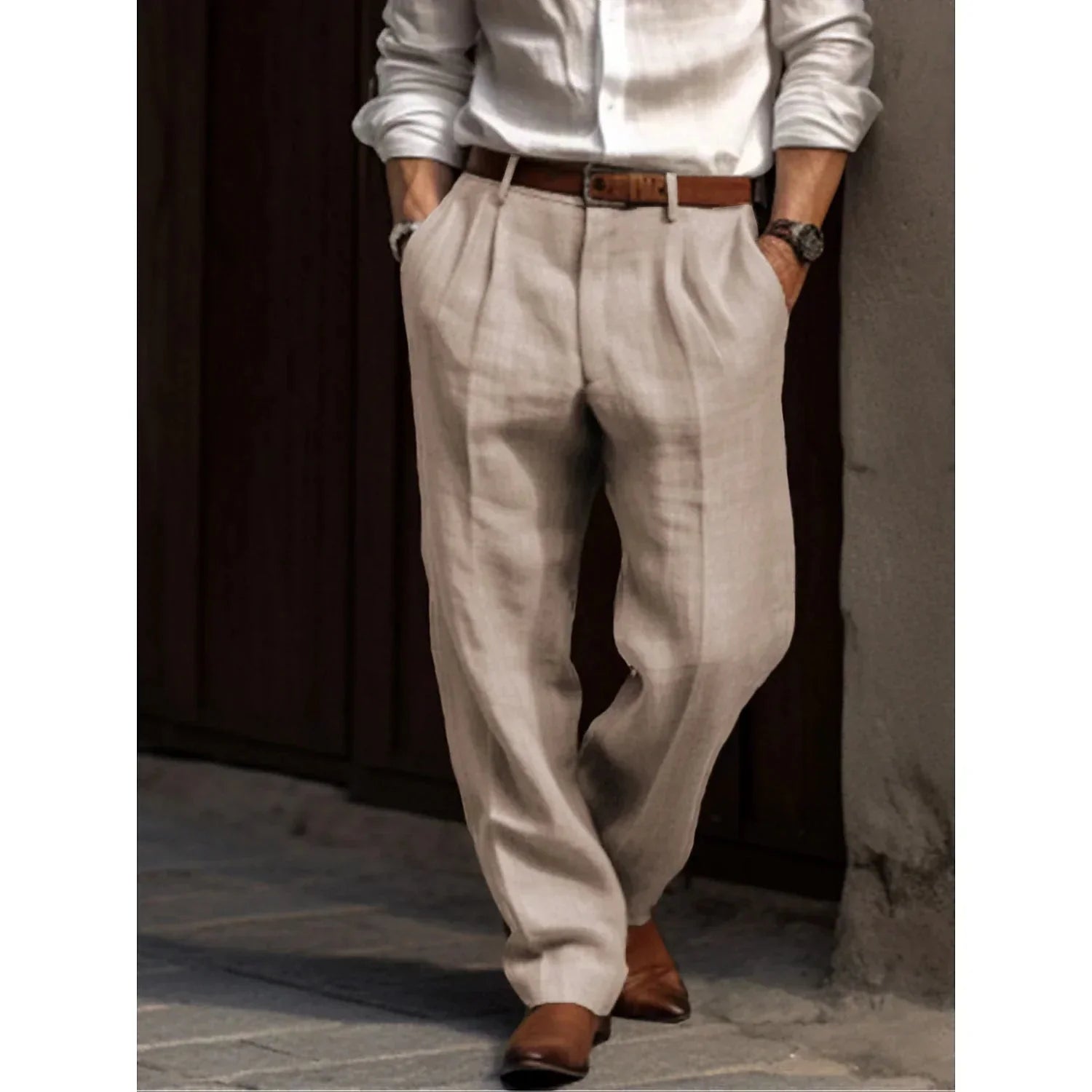 Herren Leinenhosen Lockere Passform Leicht Beige - Norvielle