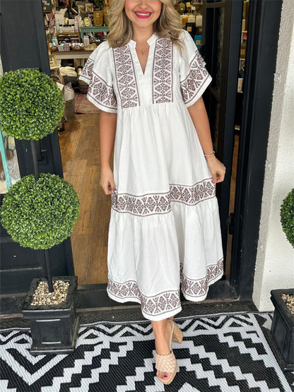 Damen Ibiza Style Midi Kleid V-Ausschnitt Weite Ärmel Lockere Passform