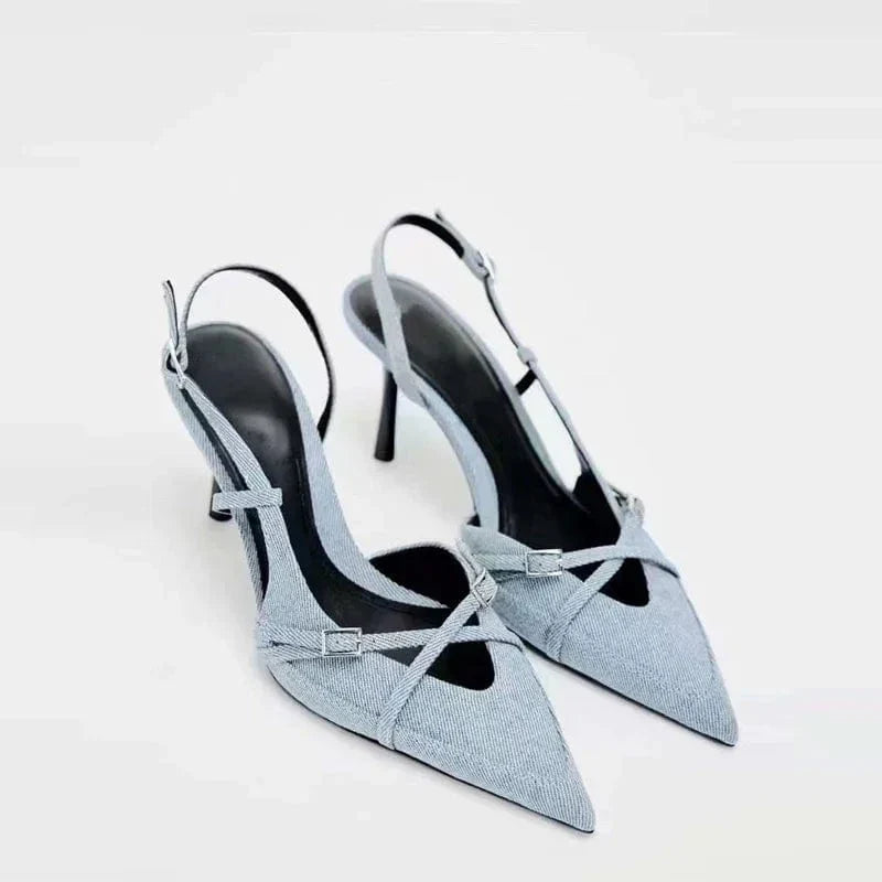 Lumiere Damen Slingback Pumps Spitze Zehenpartie Denim Blau - Norvielle
