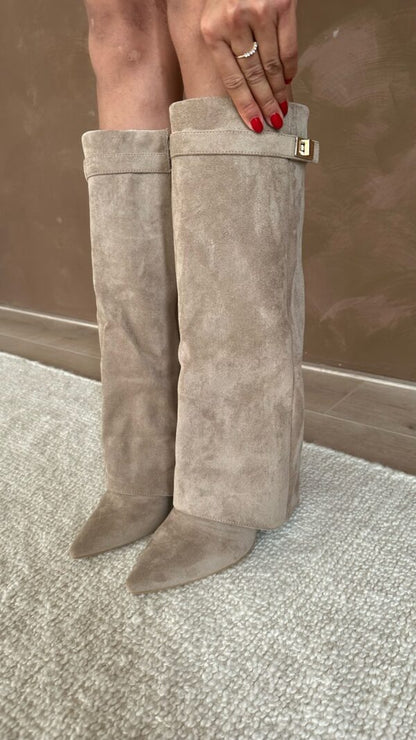 Damen Stiefel Wildleder Knielang Spitz Blockabsatz