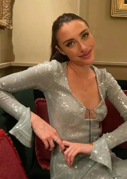 Mintgrünes Damenkleid mit Spitze und Langen Ärmeln Glitzer