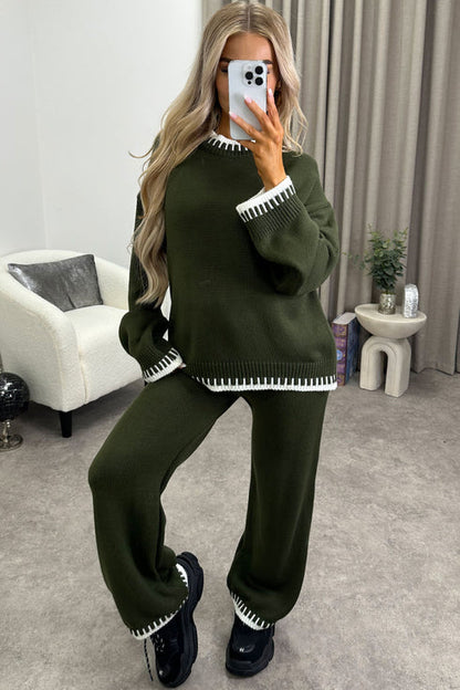 ComfyChic Lounge Set in Grun – warmer Strickzweiteiler mit weiter Hose