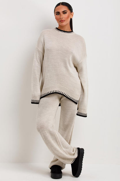 ComfyChic Lounge Set in Beige – Strickset mit Pullover und weiter Hose