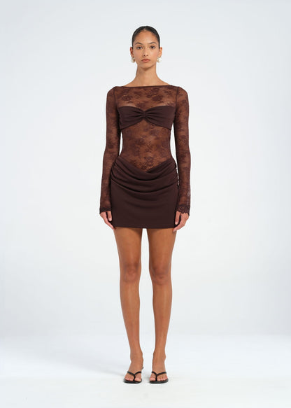 Spitze Mini-Kleid Damen Offener Rücken Lange Ärmel